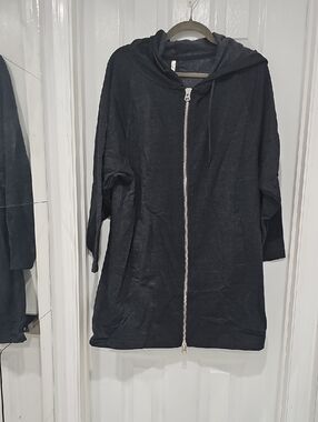 Charcoal Zip-Up Hooded Longline Jacket With Pockets